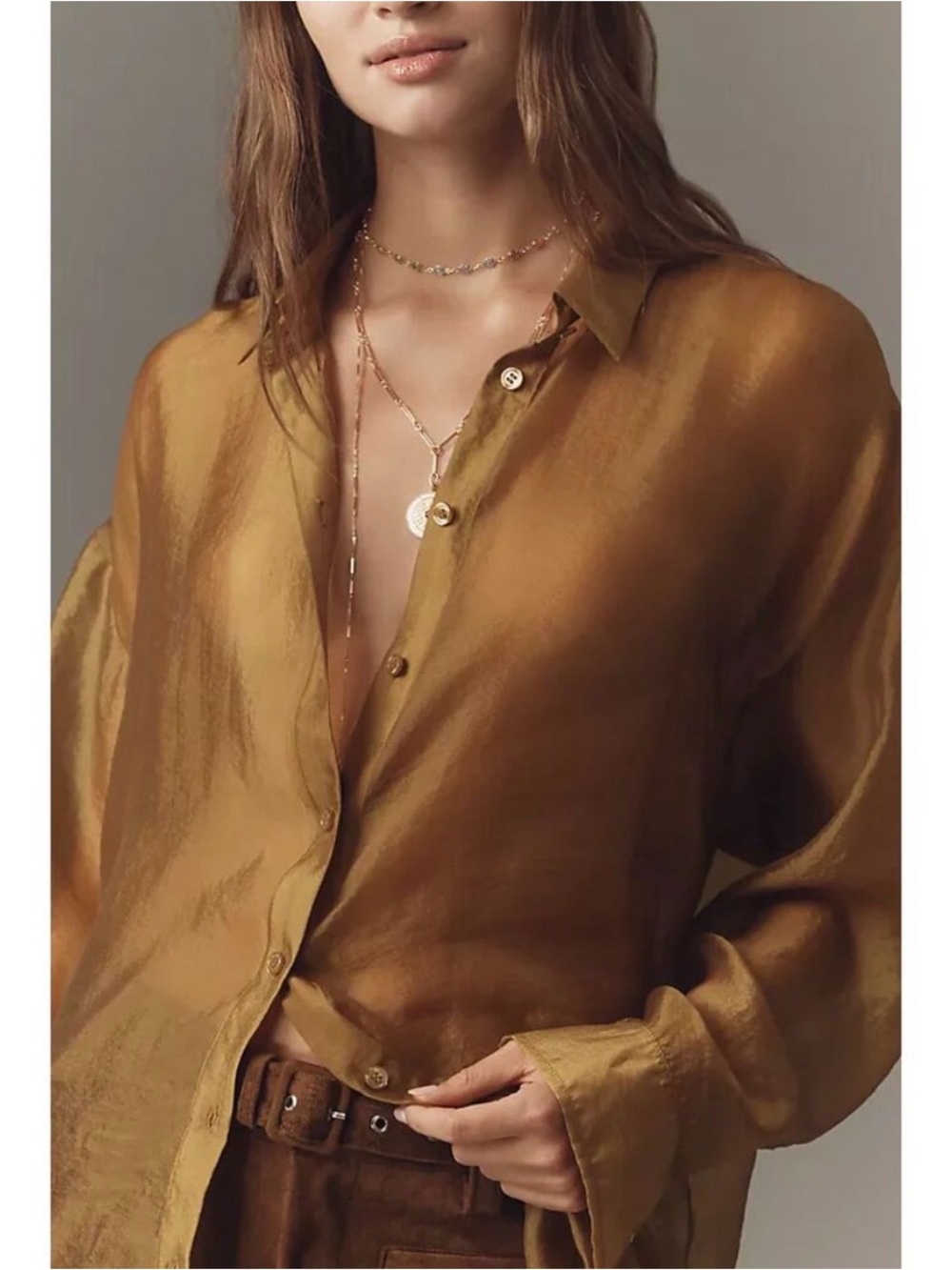 Anthropologie Sheer Button-Down in Golden Brown